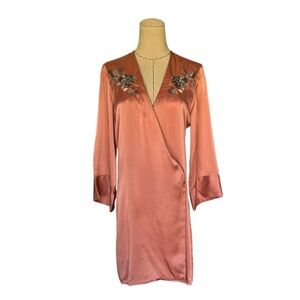 Reformation 100% Silk Pink Robe Mini Dress Embroidered Birds Florals XS